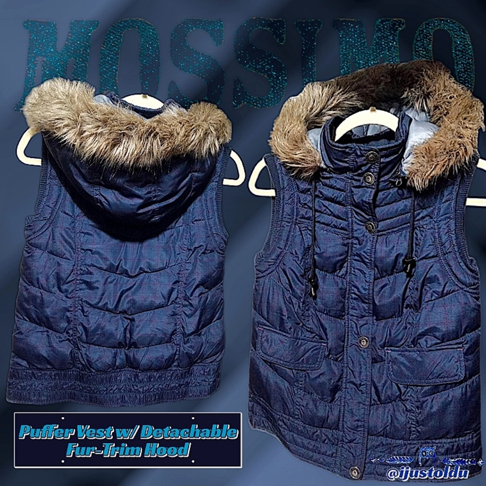 Mossimo Supply Co. Puffer Vest with Detachable Fur-Trim Hood | Women M Dark Blue